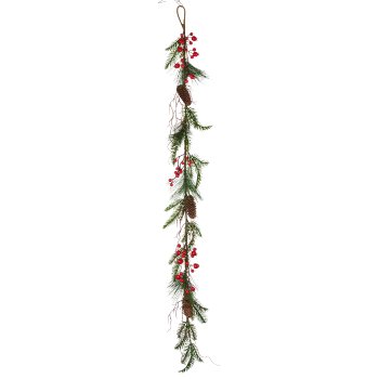 Tannenmixgirlande mit Naturzapfen und Beeren, 136cm, rot