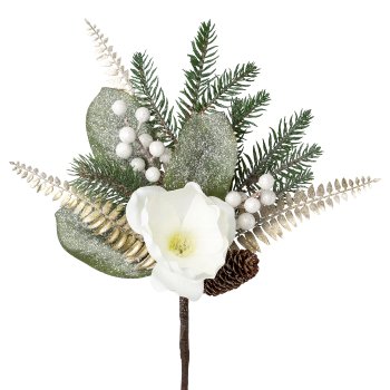 Artificial magnolia bouquet, 43cm, with white magnolia, golden fern, white berries and