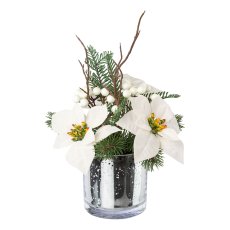 Artificial poinsettia arrangement in glass vase, 34 cm, white,