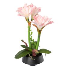Artificial amaryllis with 2 stems and 5 pink flowers, 43 cm, in black ceramic pot