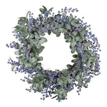 Leaf wreath with blue berries, 50cm, blue