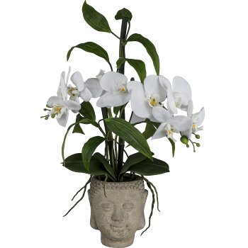 Orchid-bamboo arrangement x2, ca 60cm, white real touch, in cement pot Buddha 13x16cm grey