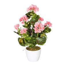 Geranium bush x7, approx 40cm, pink, 26 flowers, material UV-resistant, in ceramic pot