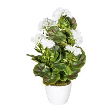 Geranium bush x7, approx 40cm, white, 26 flowers, material UV-resistant, in ceramic pot