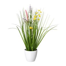Flower-Grass Mixture In A White Pot, 41cm, Colourful