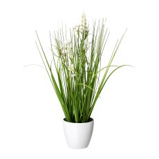 Flower-Grass Mix In A White Pot, 41cm, White