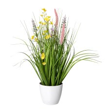Flower-Grass Mixture In A White Pot, 46cm, Colourful