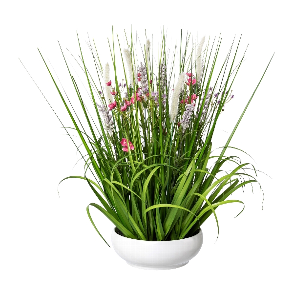 Blüten-Gras-Mix in weißer Schale, 53 Großhandel | cm, GASPER & Kunstblumen, Kunstpflanzen - Deko rosa