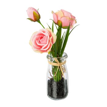 Roses in glass vase, 21cm, pink