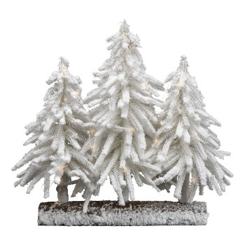 3 artificial fir trees on wooden base and 35 LED, 35cm, snow