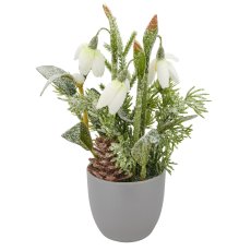 Arrangement mit Schneeglöckchen geeist, 20cm, weiß, im grauem Kunststofftopf