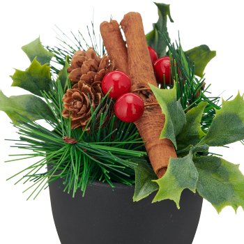 Flower arrangement with berries and natural cones, 11cm, red, in black plastic