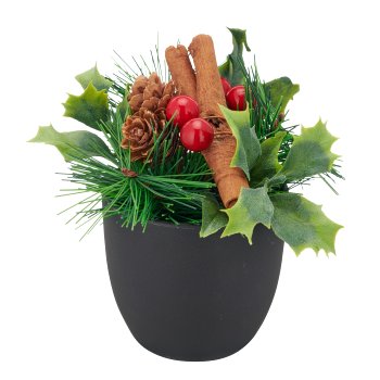 Flower arrangement with berries and natural cones, 11cm, red, in black plastic