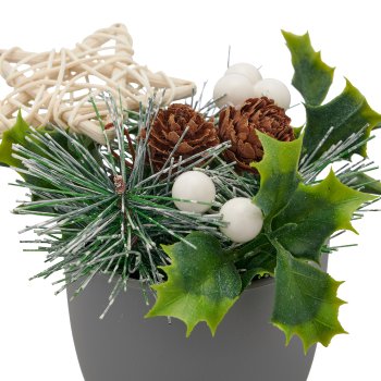 Flower arrangement with berries and natural cones, 11cm, white, in grey plastic