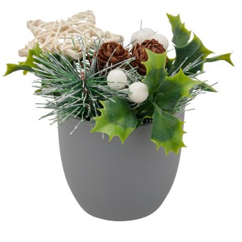 Flower arrangement with berries and natural cones, 11cm, white, in grey plastic
