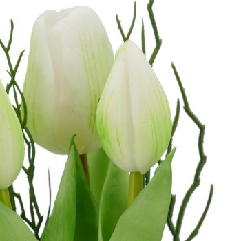 Tulpen x3 mit Zweigen, 24cm, weiß, im schwarzen Kunststofftopf 7x7x6,5cm