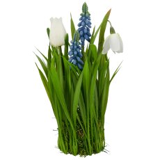 Frühlingsblumen im Grastopf, 13x13x18cm, blau