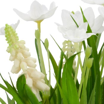Spring flowers in a pot of grass, 14x14x19cm, white