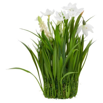 Spring flowers in a pot of grass, 14x14x19cm, white