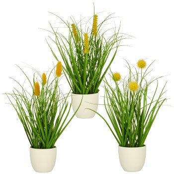 Grass mixed x3, elongated with yellow flowers, ca. 30cm, green, in white plastic pot