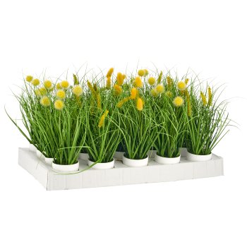 Gräsermix x3 mit gelben Blüten, ca. 30cm, grün, im weißen Kunststofftopf