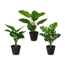 Grünpflanzenmix x6 Blätter ca 26cm, Kunststoff, im Topf 9x7,5cm schwarz,
