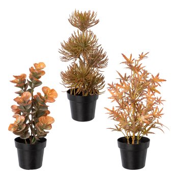Kunststoffpflanzen, ca 23-25cm herbstbraun 3fa sort., im Kunststofftopf schwarz 7,5x6cm