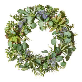 Eucalyptus-succulents-mix- wreath Ø 50cm on Muehlenbeckiaring, with