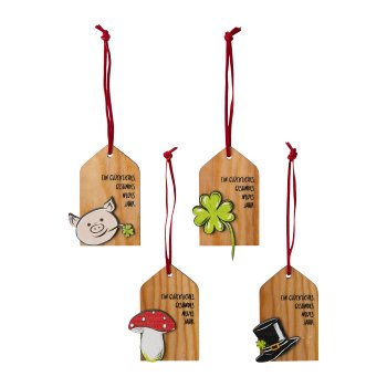 Hoz Hanger New Year 4 assorted, 7x4,5cm, Nature, 4/Pc