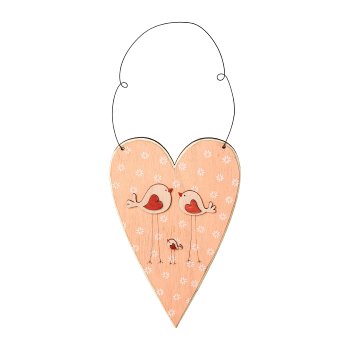 Wood Heart with Bird Hanger 3 assorted Birdie, 14,5x1,4x35 cm, Pink