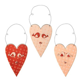 Wood Heart with Bird Hanger 3 assorted Birdie, 14,5x1,4x35 cm, Pink