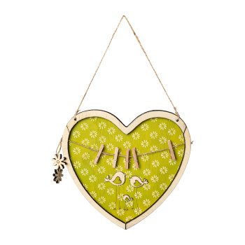 Wood Heart with Bird with Clip 3 assorted Birdie, 19x1x31cm, Green