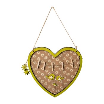 Wood Heart with Bird with Clip 3 assorted Birdie, 19x1x31cm, Green