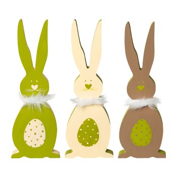 Wooden Rabbit On Foot 3 assorted Lovely, 10x1,7x28cm, Green