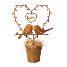 Metal Bird And Heart In A Pot,