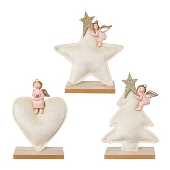 Velvet star/heart/tree 3 assorted, w.polyresin girl 16x12x5cm,