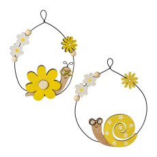 Wooden snail 2 assorted ring hanger, 12x14cm, yellow