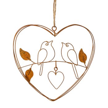 Metall Vogel-Blätter Herz Hänger, 12,5x13,5cm, rost