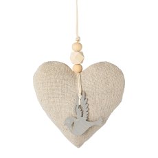 Fabric heart hanger with wooden application 6 assorted, 9x9x3cm, nature