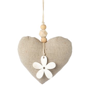 Fabric heart hanger with wooden application 6 assorted, 9x9x3cm, nature