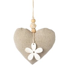 Fabric heart hanger with wooden application 6 assorted, 9x9x3cm, nature