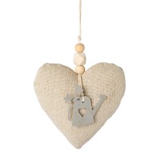 Fabric heart hanger with wooden application 6 assorted, 9x9x3cm, nature