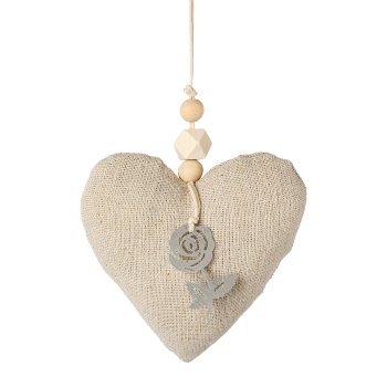 Fabric heart hanger with wooden application 6 assorted, 9x9x3cm, nature