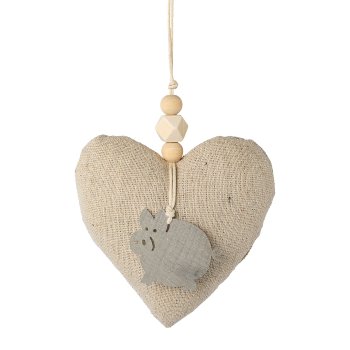 Fabric heart hanger with wooden application 6 assorted, 9x9x3cm, nature