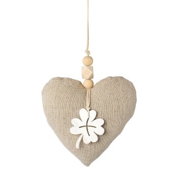 Fabric heart hanger with wooden application 6 assorted, 9x9x3cm, nature