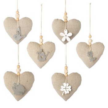 Fabric heart hanger with wooden application 6 assorted, 9x9x3cm, nature