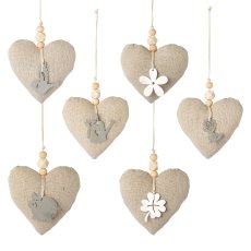Fabric heart hanger with wooden application 6 assorted, 9x9x3cm, nature
