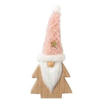 Wooden tree/Santa Claus with woolen hat, 9x2x20cm, pink
