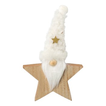 Wooden star/Santa Claus with woolen cap, 11,5x2x19cm, cream