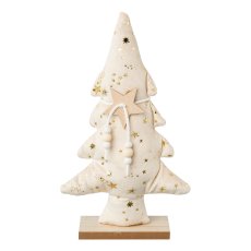 Stoff Glamour Baum auf Holzbase, 14x5x24cm, creme